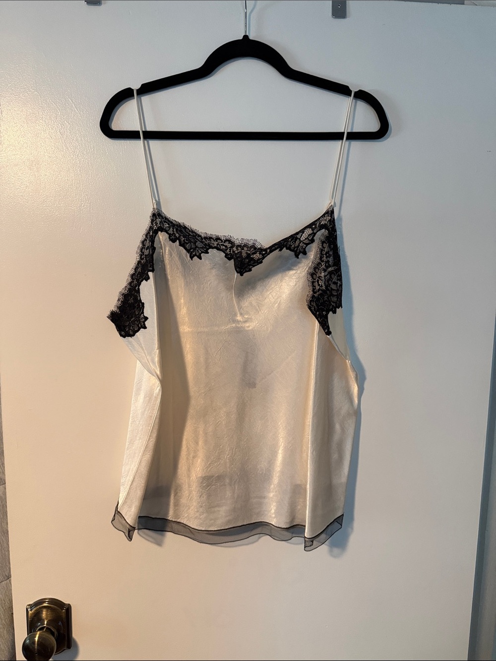 J. Crew Ivory Satin Cami with Black Lace Trim